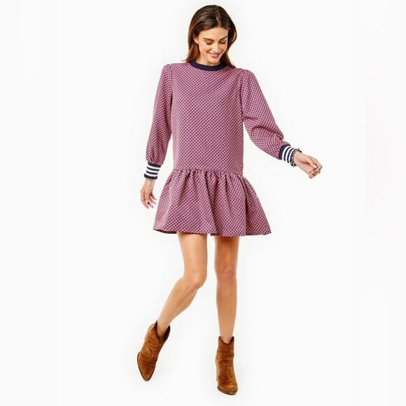 Addison Bay Active Crepe Vine Dress in Navy/Cherry Stars Size L - Picture 2 of 6